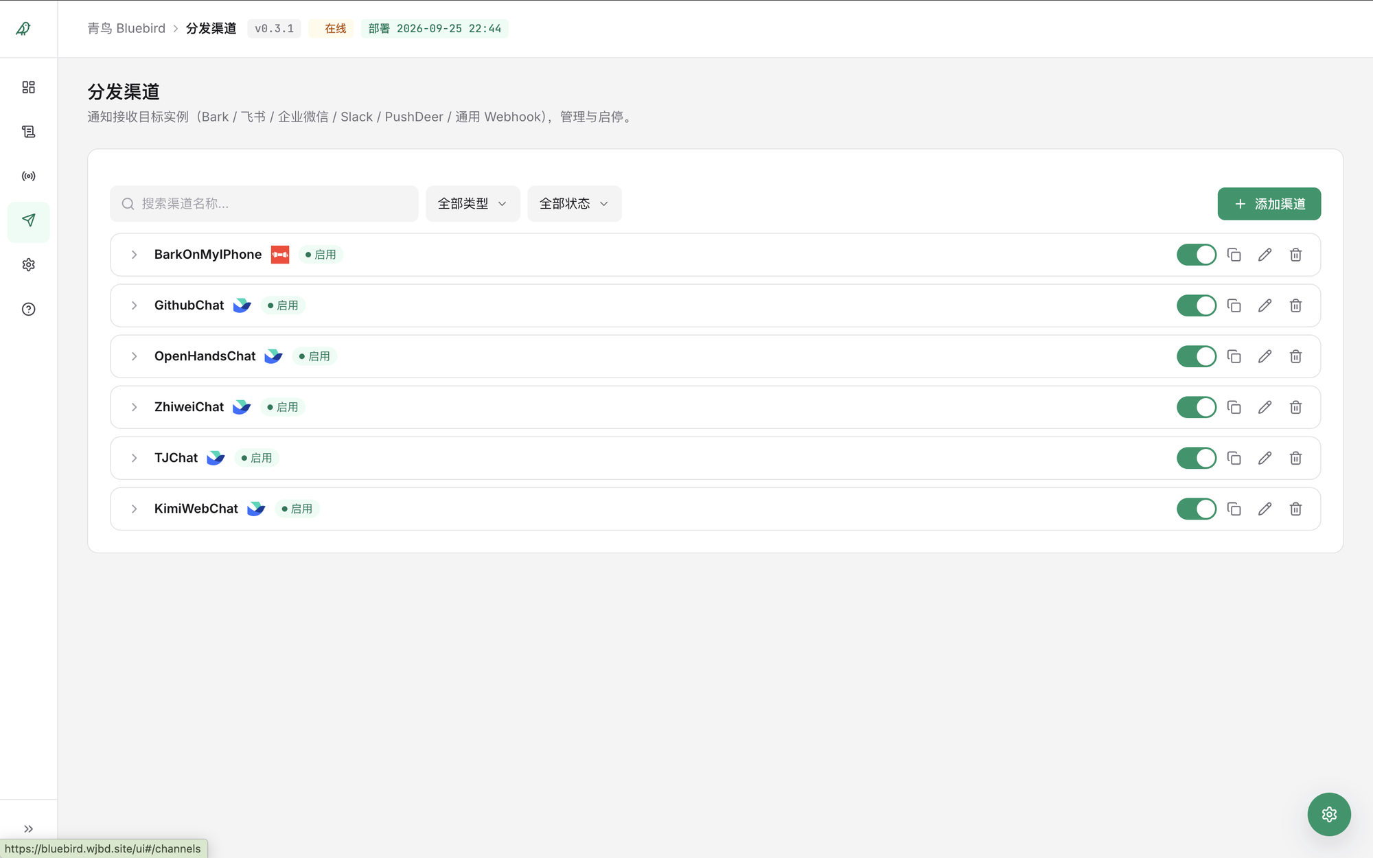 分发渠道：Bark / 飞书 / 企业微信 / Slack / PushDeer / 通用 Webhook 六类实例